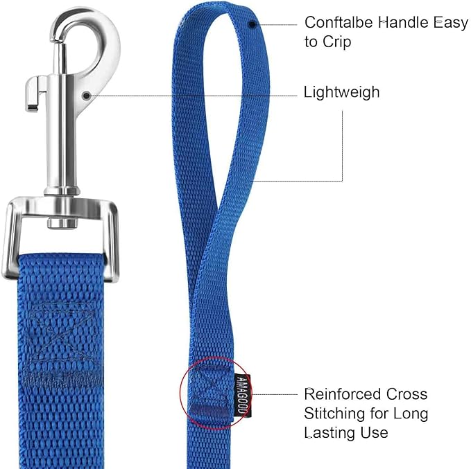 AMAGOOD 6 FT Puppy/Dog Leash, Strong and Durable Traditional Style Leash with Easy to Use Collar Hook, Great for Small, Medium and Large Dogs (3/4 in x 6 ft, Black and Blue (2-Pack))