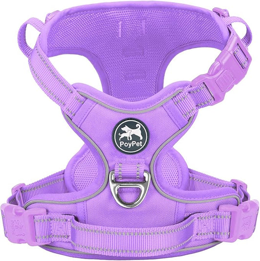 PoyPet No Pull Dog Harness, No Choke Reflective Dog Vest, Adjustable Pet Harnesses with Easy Control Padded Handle for Small Medium Large Dogs(Light Purple Matching Trim,XL)