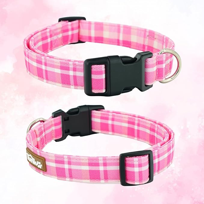 Tunkoo Pink Plaid Dog Collar, Cute Adjustable Premium Cotton Collar Durable Plastic Buckle for Small Medium Large Boys Girls Dogs, S