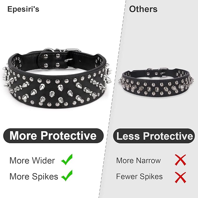 Epesiri Adjustable Wide Spiked Dog Collar, Mushroom Rivet PU Leather Cat Dog Collars, Durable Spike Studded Pet Collar for Small Medium Large Breed, PitBull Mastiff Bulldog Pugs Husky Rottweiler Black