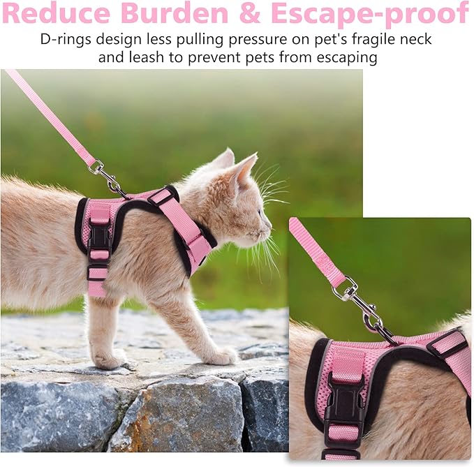 Dooradar Cat Harness and Leash Set, Escape Proof Safe Adjustable Kitten Vest Harnesses for Walking, Easy Control Soft Breathable Mesh Jacket with Reflective Strips for Cats, Pink, XS