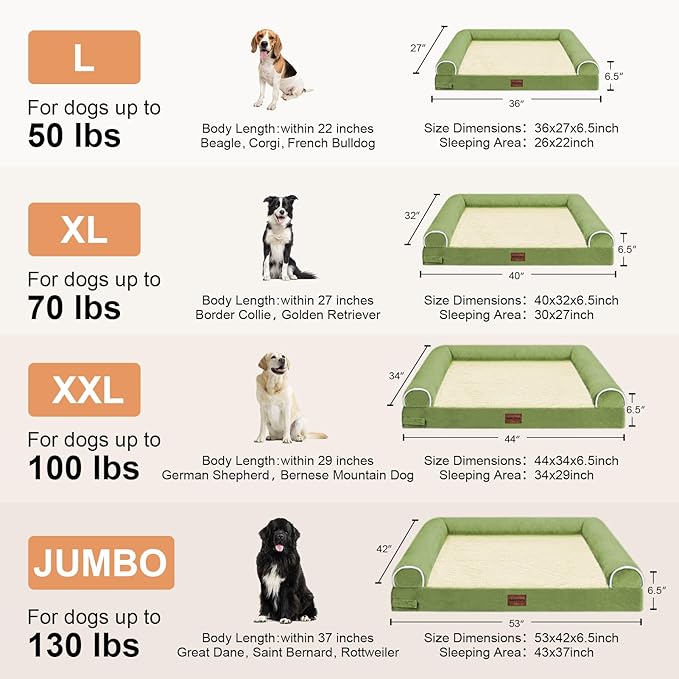 Large Dog Bed Orthopedic Washable: Beds Bolster XL Bed Big XLarge Dogs Egg Crate Foam Couch Sofa Waterproof with Removable Cover - Grass Green