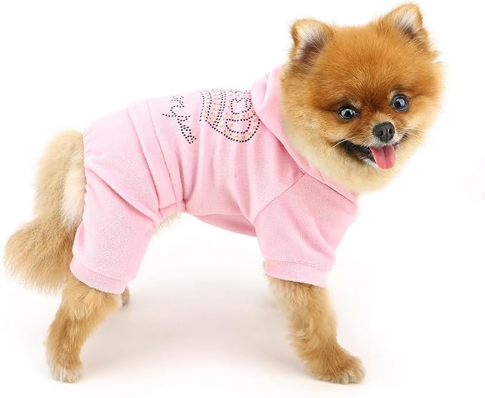 SELMAI Girl Dog Clothes for Small Dogs Cute Doggie Outfits Rhinestone Crown Stretchy Puppy Pajamas Soft Velvet Hoodie 4 Legged Jumpsuit Lightweight Pet Tracksuit Cat Apparel Leash Hole