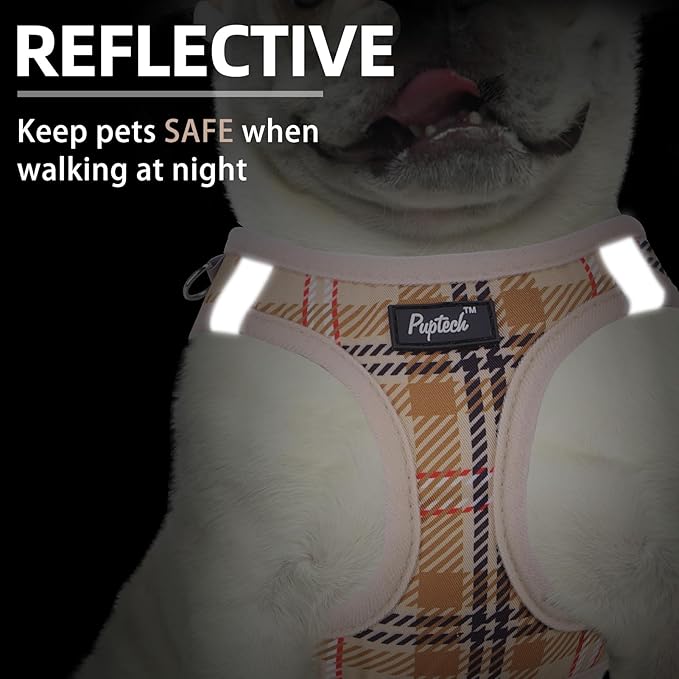 PUPTECK Dog Harness and Leash Set for Small Medium Dogs No Pull Step-in Soft Mesh Puppy Cat Vest Harnesses Reflective at Night, Plaid Pattern Beige M