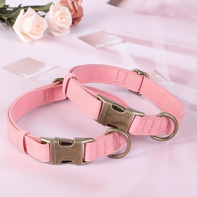 Soft Leather Dog Collar for Small Medium Large Dogs, Heavy Duty Dog Collar Leather with Quick Release Metal Buckle, Durable & Adjustable for Small Dogs Walking (Pink, S)