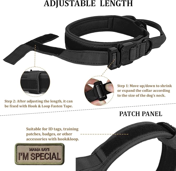 Tactical Dog Collar with Handle - Military Adjustable Dog Training Collar Soft Nylon and Heavy Duty Metal Buckle for Medium Large Dogs - with Patch (Black, Medium)