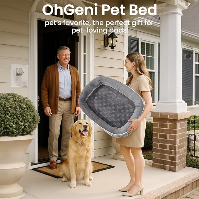 OhGeni Orthopedic Dog Couch Large Sized Pet Beds for Fathers Gifts with Comfort Foam Support, Soft Indestructible Fabric, Machine Washable Waterproof Removable Cover, 35-Inch (Dark Green)