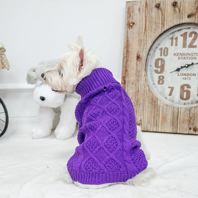 Mihachi Turtleneck Dog Sweater - Winter Coat Apparel Classic Cable Knit Clothes with Leash Hole for Cold Weather, Ideal Gift for Pet in New Year Purple X-Small