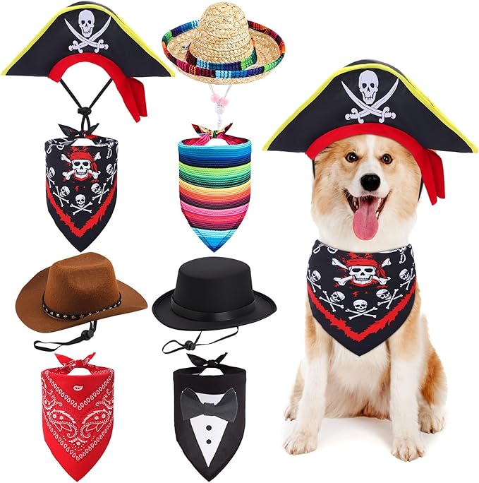 Eccliy 8 Pcs Dog Costume Accessories Formal Dog Tuxedo Bandana Collar Cowboy Pet Pirate Hat Mexican Sombrero Hat for Fiesta Wedding Halloween Outfit Accessories Photo Prop Party Supplies