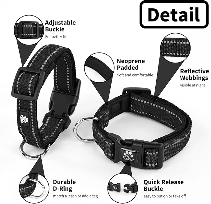 NESTROAD Reflective Dog Collar and Leash Set,Soft Neoprene Pet Collar with Quick Release Buckle,Adjustable Nylon Dog Collars for Small Medium Large Dogs(Small Collar + 5FT Leash,Black)