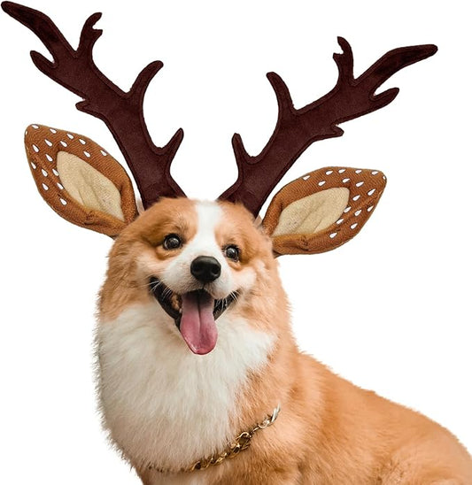 KUDES Dog Cat Christmas Reindeer Antlers Headband Classic Adjustable Elk Hat Headwear Pet Deer Cospaly Costumes Accessories (M(for Small Medium Dogs))