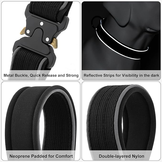 Plutus Pet Tactical Dog Collar, Reflective, Adjustable Heavy Duty Dog Collar, Soft Padded and Comfortable, for Small Medium and Large Dogs (Black, XL)