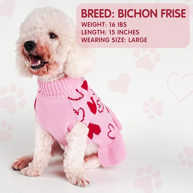 cyeollo Dog Sweater Dress Valentines Day Dog Clothes Knit Turtleneck with Leash Hole Heart Pattern Holiday Theme Female Pet Apparel for Small Dogs Cats
