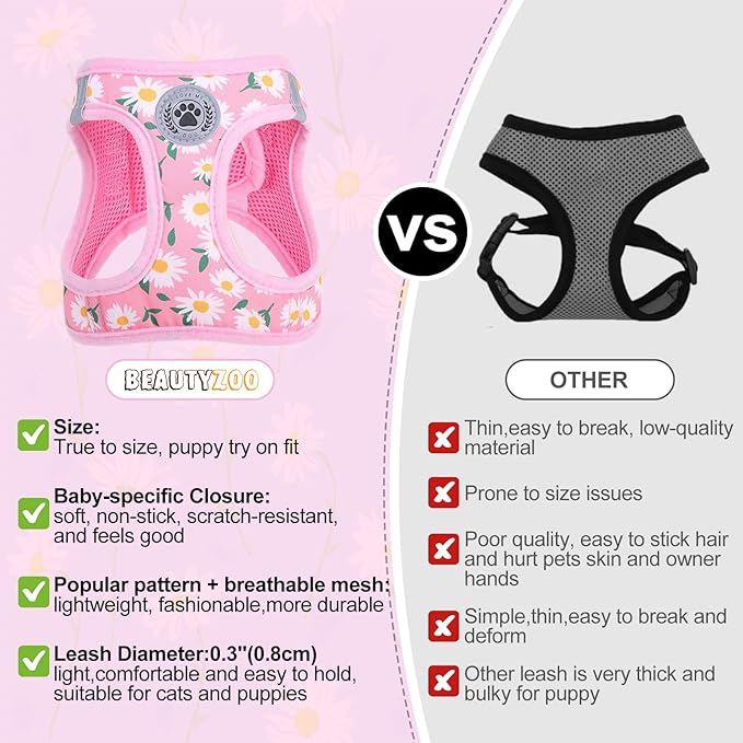 BEAUTYZOO Step in Dog Harness and Leash Set, Floral Pattern Reflective Dog Harness No Pull No Choke Puppy Harness for XXS XS S Dogs Cats, Soft Padded Mesh Vest Harnesses for Girl and Boy Pets