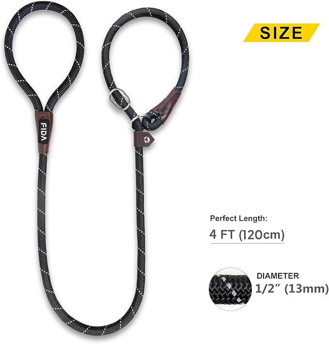 Fida Slip Leads for Dogs, 4 FT x 1/2" Heavy Duty Comfortable Strong Rope Leash for Large, Medium Dogs, No Pull Pet Training Leash with Highly Reflective, Black