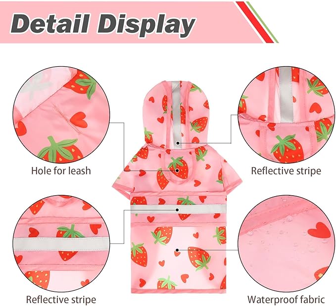 KOOLTAIL Dog Raincoat Hooded Slicker Poncho with Leash Hole, Strawberry S: Waterproof Dog Rain Jacket, Reflective Strip, Adjustable Breathable Puppy Rainwear - Small