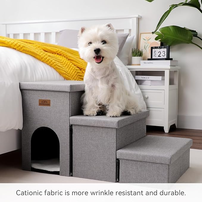 Dog Stairs with Condo 18" H, 3-Step Wider Dog Steps for High Beds Couch, Folding Storage Pet Stairs Gift for Small/Medium/Large Old Dogs Cats, Ramp for Climbing Car Up to 200 lbs, Smok Gray