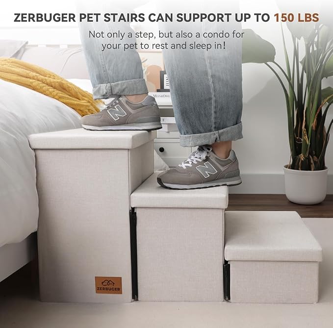 Dog Stairs with Storage 18" H, 3-Step Wider Dog Steps for Small/Medium/Large Old Dogs Cats, Folding Sturdy Pet Stairs Climbing Bed or Couch, Ramp for Car Up to 200 lbs (Beige Gray, No Condo)