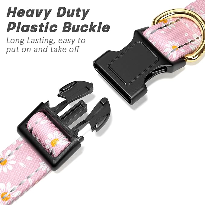 Reflective Dog Collar for Extra Small Dogs, Cute Daisy Theme Adjustable Heavy-Duty Nylon Puppy Collar for Boy and Girl Female, Soft Pet Accessories with Quick Release Buckle, Neck 8-12", Pink