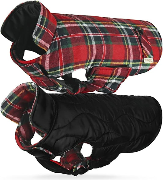 VIVAGLORY SoftJoy Dog Winter Coat - British Style Plaid Jacket & Vest for Cold Weather Snow - Reversible, Warm, Heavy Duty XXS Red