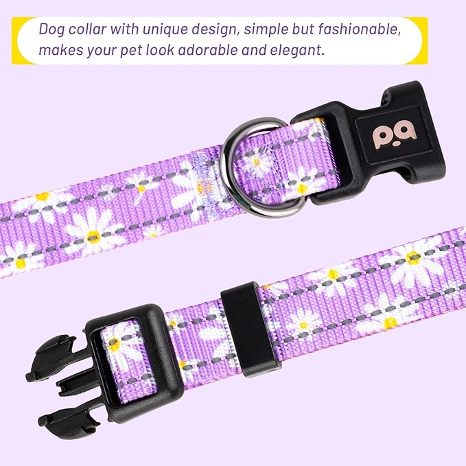 Dog Collar Cute Flower, Reflective Adjustable Basic Collars for Girl Female Small Medium Large Dogs Walking Running(Medium,Purple)