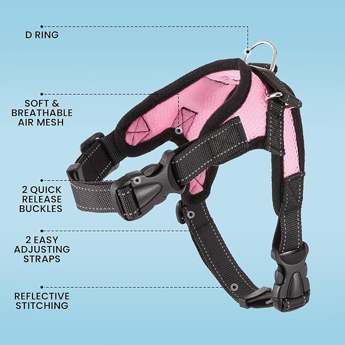 No Pull Reflective Adjustable Dog Harness With Handle- Comfortable Soft All Weather Mesh, Easy On Puppy Harness For Small Medium and Large Dogs (Pink) Medium