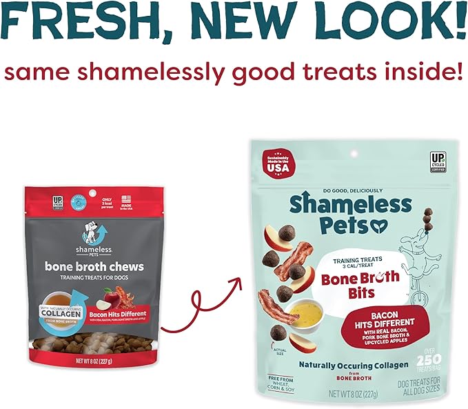 Shameless Pets Dog Training Treats, Bacon Bone Broth Bits - Natural & Healthy Puppy Dog Treats - Soft Training Treats for Dogs with Naturally Occurring Collagen - Medium Dog Treats, 8 oz (Pack of 1)