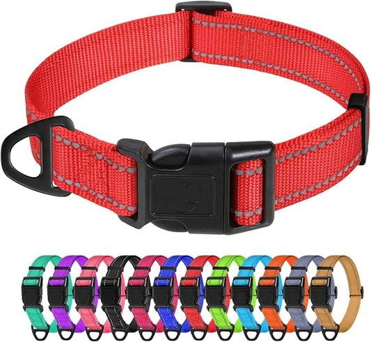 TagME Reflective Nylon Dog Collars, Adjustable Classic Pet Collar with Quick Release Buckle for Small Dogs, Red, 5/8" Width
