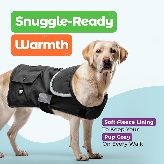 Joyride Harness FrostFlex Dog Winter Jacket - Fleece Lined & Water-Resistant - Snowsuit with Pockets for Treats & Poop Bags - Durable Cold Weather Dog Coat - Black Onyx-XXL