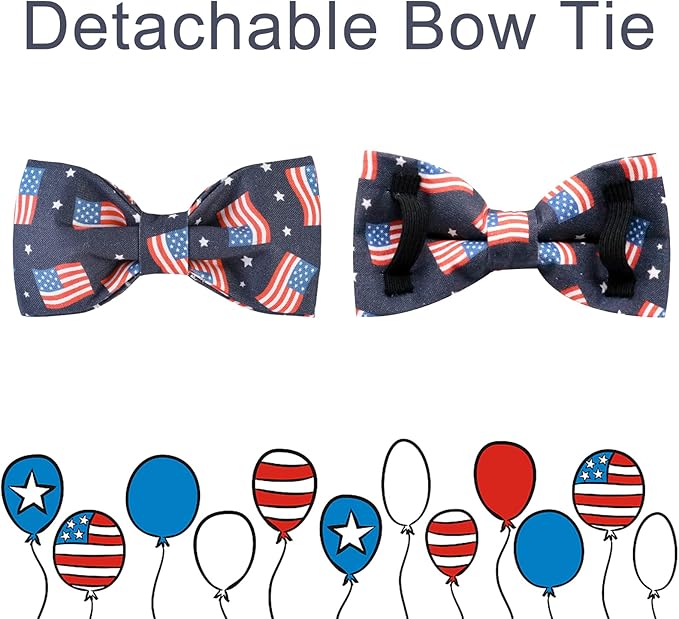 American Flag Dog Collar with Bow Tie, 4th of July Comfortable Cotton Cute Dog Collar with Metal Buckle, Patriotic Bowtie Collar for Puppy Girl Boy Dog or Cat, XS