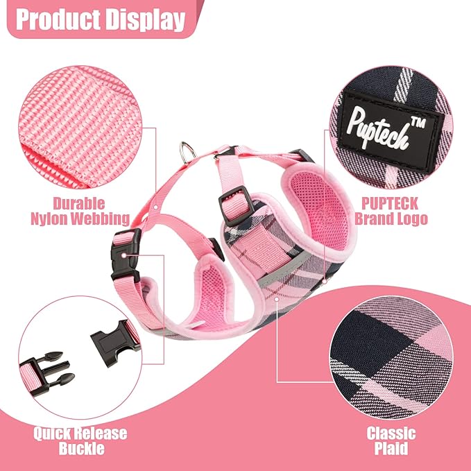 PUPTECK Dog Harness and Leash Collar Set for Small Medium Dogs Puppy and Cats Walking No Pull Adjustable Reflective Soft Mesh Padded Plaid Harnesses Pet Accessories, Pink, XS