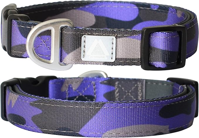 Soft Padded Dog Collar, Neck 9’’-14’’, Adjustable Heavy Duty Collar with 3M Reflective Logo for Small Dogs, Camo Purple, S