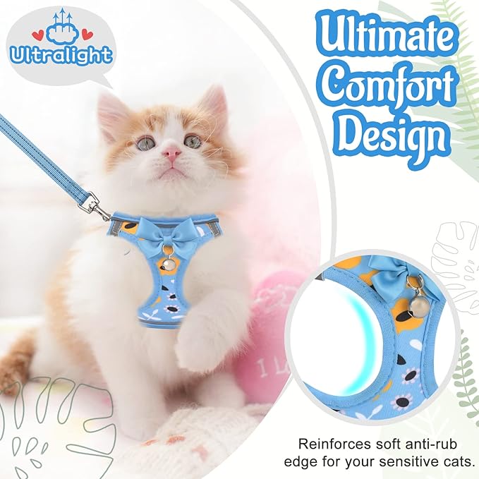 Cat Harness and Leash Escape Proof for Walking, Adjustable Soft Kitten Harness with Reflective Straps Step in Cat Vest Harness for Small Kitten and XS Dogs (Blue, XXS-Chest(8.7"-10.2"))