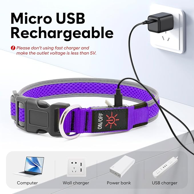 Flashseen LED Dog Collar, USB Rechargeable Light Up Dog Collar Lights, Adjustable Comfortable Soft Mesh Safety Dog Collar for Small, Medium, Large Dogs (Purple, Medium)