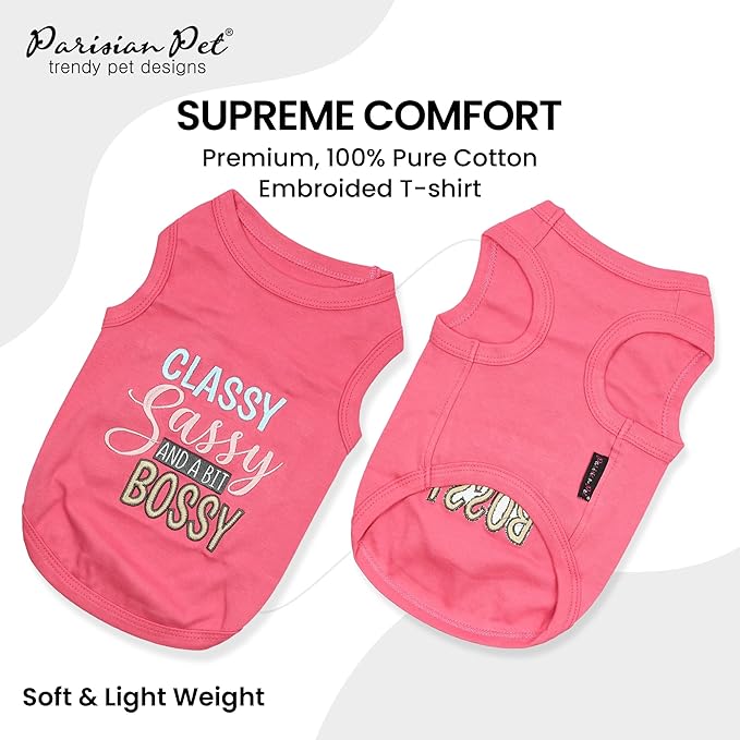 Parisian Pet Dog T-Shirt with Embroidered 'Classy, Sassy and Bit Bossy' - 100% Cotton, Pink Dog Clothes - Cute Pet Vest - Machine Washable Dog Shirt for Large Dogs, 2XL