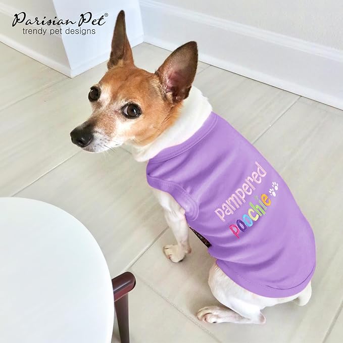 Parisian Pet Dog T-Shirt - Embroidered Pampered Poochie Dog Clothes - 100% Cotton, Breathable Tank Top - Sleeveless Pet Vest - Machine Washable Shirts for Small Dogs XXS