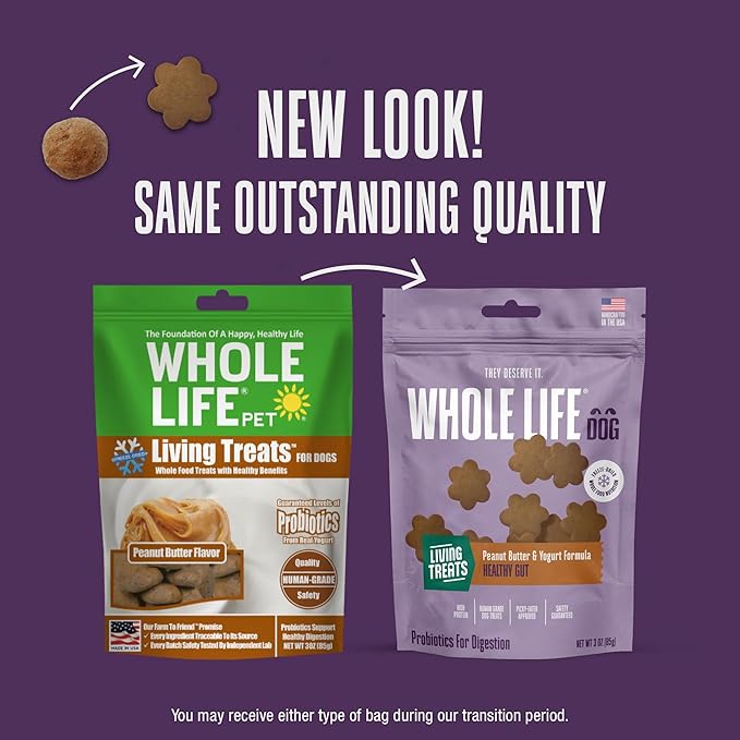 Whole Life Dog Living Treats for Dogs – Human Grade Probiotics for Digestive & Gut Health, Gas, Diarrhea, Vomit & Constipation Relief, Health Supplies - Peanut Butter, 3 oz (Pack of 1)