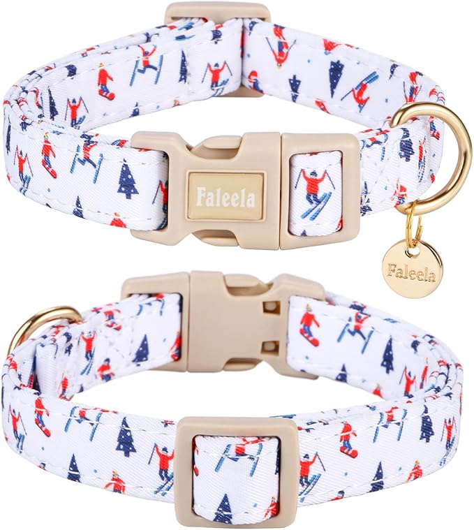Faleela Dog Collar - Cute & Comfy Cotton Pet Collar, Adjustable Lightweight Design with Quick-Release Buckle, for Small, Medium & Large Dogs - Multiple Styles Available (Skiing, X-Small)