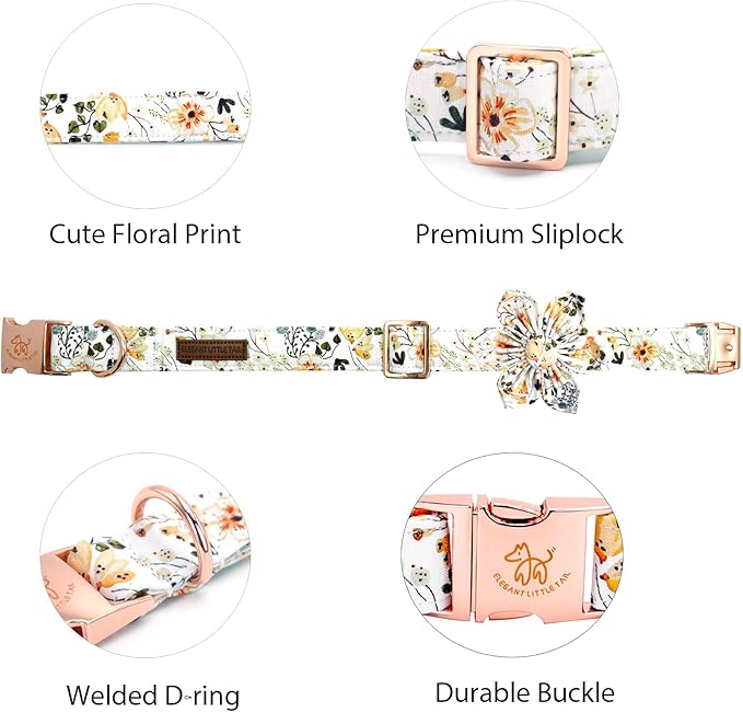 Elegant little tail Dog Collar, Floral Print Spring Pet Collars with Flower Pet Gift Girl Flower Collar Female Adjustable Dog Collars for Small Dogs