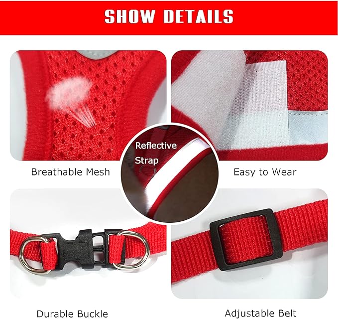 FEimaX Dog Harness and Leash Set for Walking, Soft Mesh Adjustable Easy Control Lightweight Cat Vest Harnesses with Reflective Strips, Escape Proof Small Dogs Cats Vests (Red, Small)