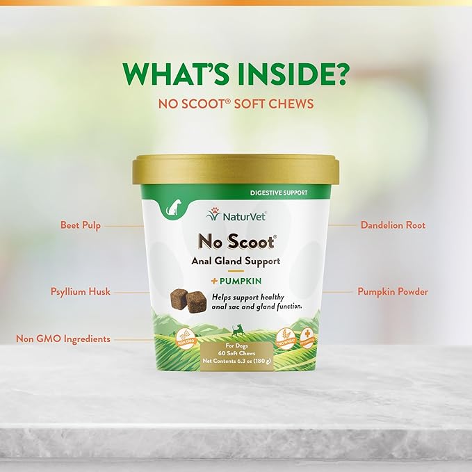 NaturVet - No Scoot for Dogs - 60 Soft Chews - Plus Pumpkin - Supports Healthy Anal Gland & Bowel Function - Enhanced with Beet Pulp & Psyllium Husk