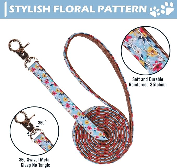 EXPAWLORER Puppy Collar and Leash Set - Embroidery Floral With Cute Flower Bow Tie, Bandana and Bell for Dogs Cats Outdoor Walking, Blue S