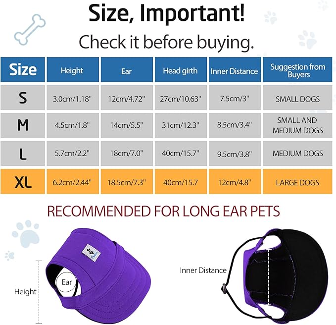 Pawaboo Dog Baseball Cap, Outdoor Pet Sport Sun Protection Baseball Cap Hat, Adjustable Travel Sport Hat Visor Sunbonnet Outfit with Ear Holes for Small Dogs Puppy, XL, Purple