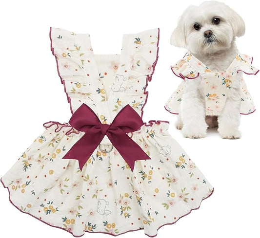 CuteBone Cotton Dog Dress Flowers with Leash Ring & Sleeve Ruffles, Soft & Breathable, Stylish Pet Clothes Outfit for Small Dogs, Comfortable & Easy to Wear CFX03S