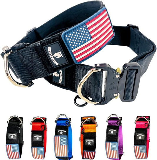 Tactical Dog Collar 2 Inch Wide Thick Heavy Duty Military Style with Metal Buckle, Adjustable for Medium - Large Breeds, Durable K9 Training Gear with Patch Area, USA Flag Patch, Strong and Secure Fit