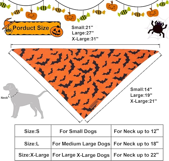 ADOGGYGO Halloween Dog Bandana, Pumpkin Bat Pet Scarf, Premium Durable Fabric, Orange Black Halloween Bandanas for Small Dogs Cats Puppies (Small)