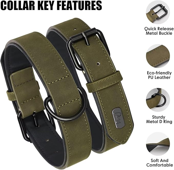Didog Soft Padded Leather Dog Collar, Breathable Heavy Duty Dog Collar Faux Leather with Adjustable Rust-Proof Metal Buckle for Small Medium Large Dogs, Dark Green, L Fit Neck 13-17"(22-44 lbs)