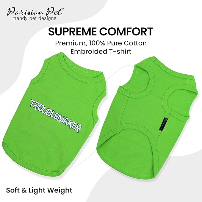 Parisian Pet Dog Tshirt - Embroidered “ Trouble Maker “ Tank Top - Pure Cotton and Lightweight Pet Vest - Sleeveless Tee Shirts - Machine Washable Shirts for Small Dogs - XXS