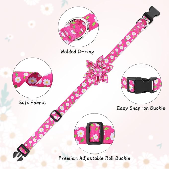 Daisy Pink Dog Collar Cute Dog Collars with Flower Bow for Small Medium Large Dogs Hot Pink Floral Colored Options Soft and Fancy Pet Collars for Girls Flower Pattern for Girl Dog Collar