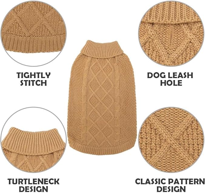 Mihachi Turtleneck Dog Sweater - Winter Coat Apparel Classic Cable Knit Clothes with Leash Hole for Cold Weather, Ideal Gift for Pet in New Year Khaki
